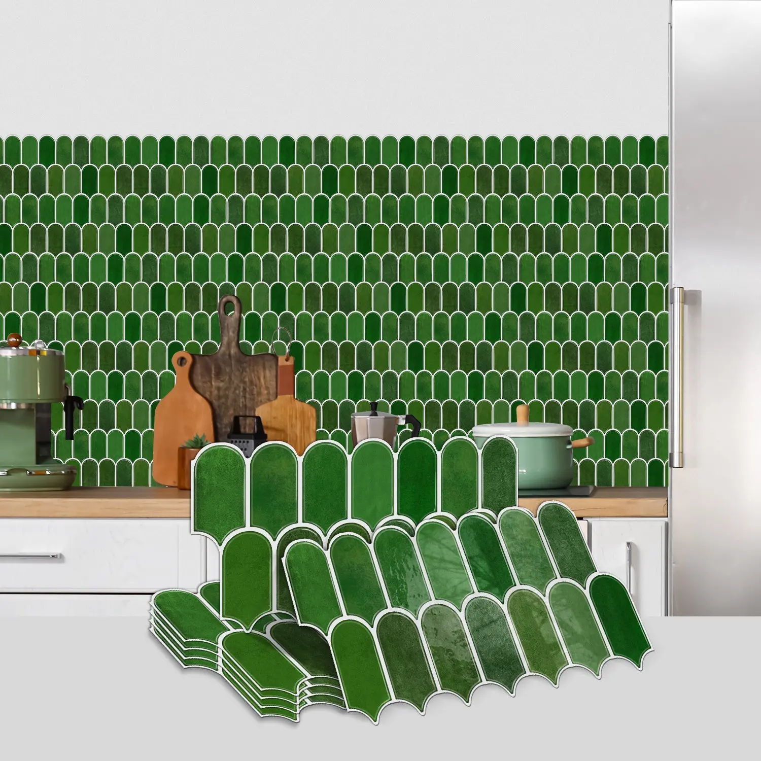 12pcs/24pcs/36pcs Dark green peacock feather irregular vintage brick pattern self-adhesive wall tiles, waterproof and oil-proof, suitable for kitchen and bathroom backsplash decoration.