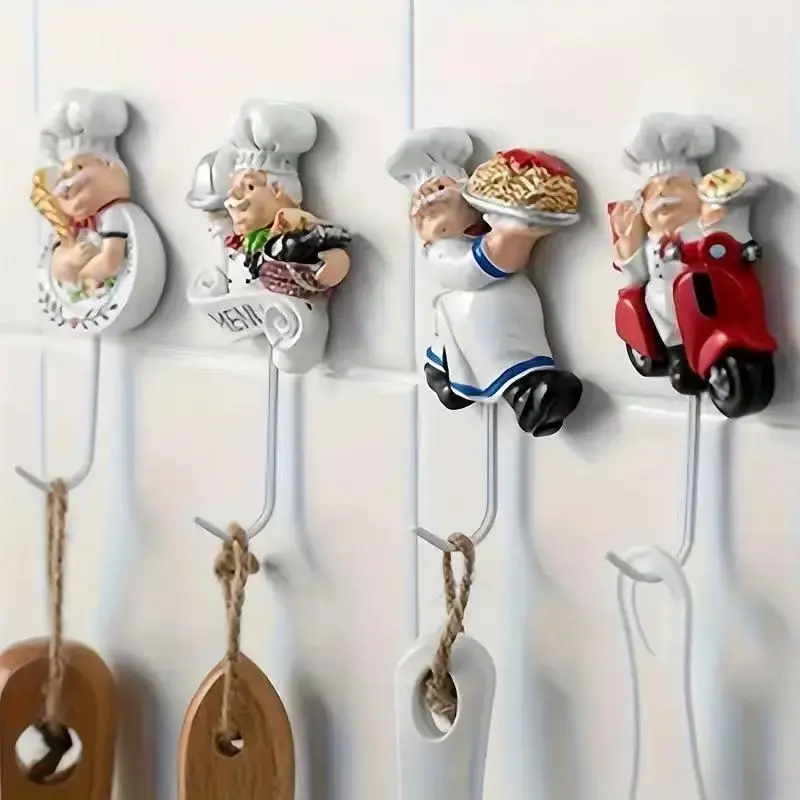 4pcs Chef Doll Wall Decoration Hook, Fat Chef Kitchen Decor, Resin Wall Hook, Sticky Hook for Home, Garden, Garage Organization, Kitchen Hooks