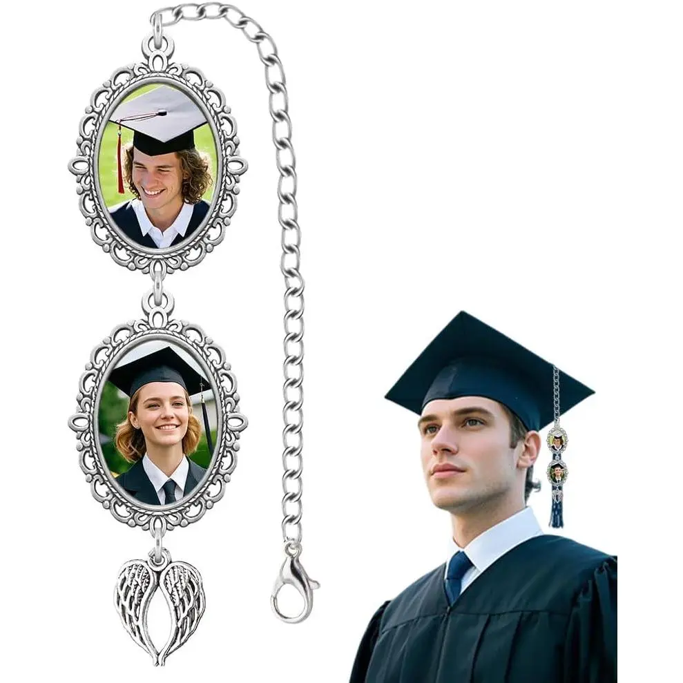 Unisex Personalized Memorial Photo Graduation Tassel Charm with Angel Wings - Grad Cap Decoration Accessory for Graduation Celebrations