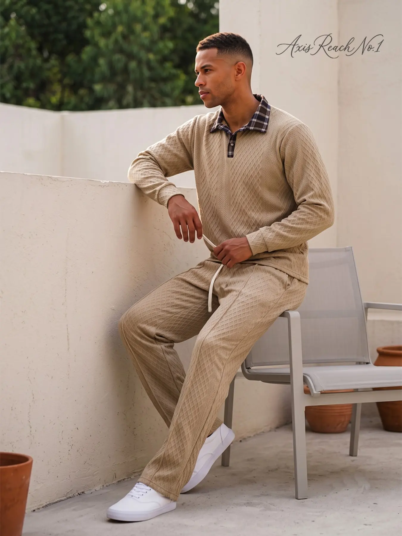 A1 Men's Polo Shirt and Pants Set, Textured Long Sleeve Polo with Plaid Collar, Casual Elastic Waist Sweatpants, Comfortable Athleisure Outfit for Daily Wear, Outdoor Sports, Hiking, Travel.