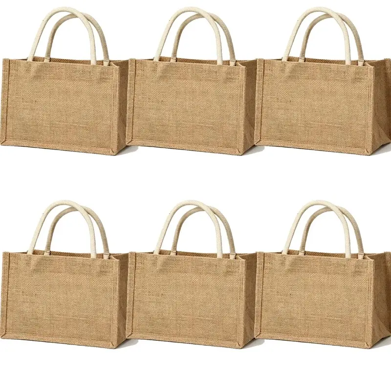 6pcs Small Jute Gift Bag with Cotton Rope Handles, 9.1x6.3x5.1 in Reusable Burlap Tote, Natural Mini Bag for Wedding Favors, Party Gifts, Retail Packaging & Holiday Goodies