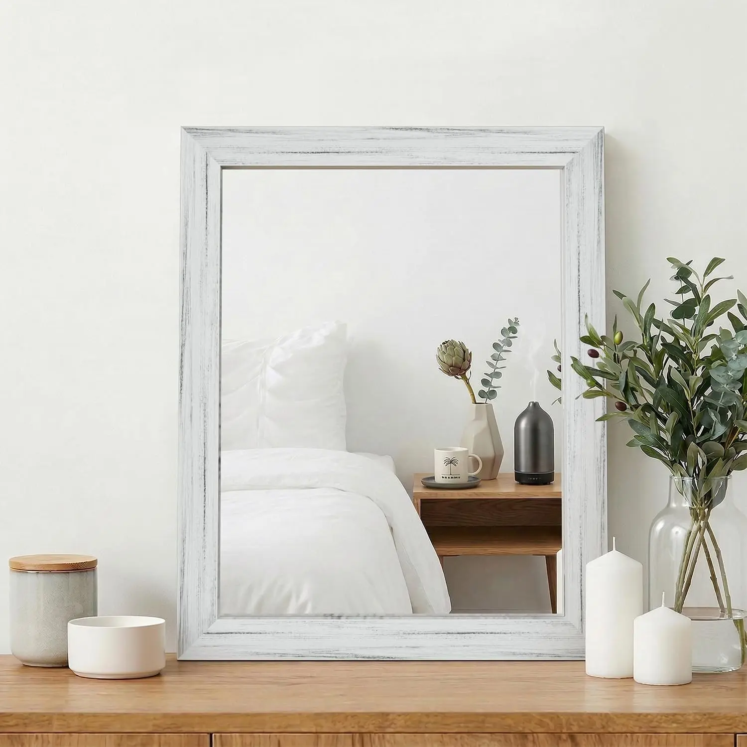 White Wood Effect Framed Wall Mirror, 16x20 Rectangle Mirror, Anti-desilvering Tempered Glass, Sustainable& Sturdy Frame, Farmhouse Mirror, Anti-Rust, 3min Setup for Bathroom Living Room