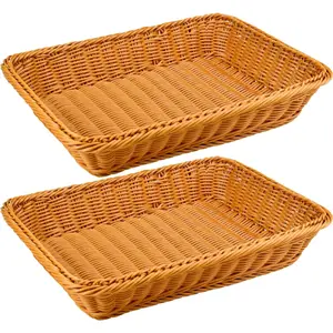 2 Pack 16 Inch Rectangular Poly Wicker Bread Baskets, Durable Woven Serving Basket for Fruits, Vegetables Bread Indoor/Outdoor Use in Kitchen, Home, Restaurant