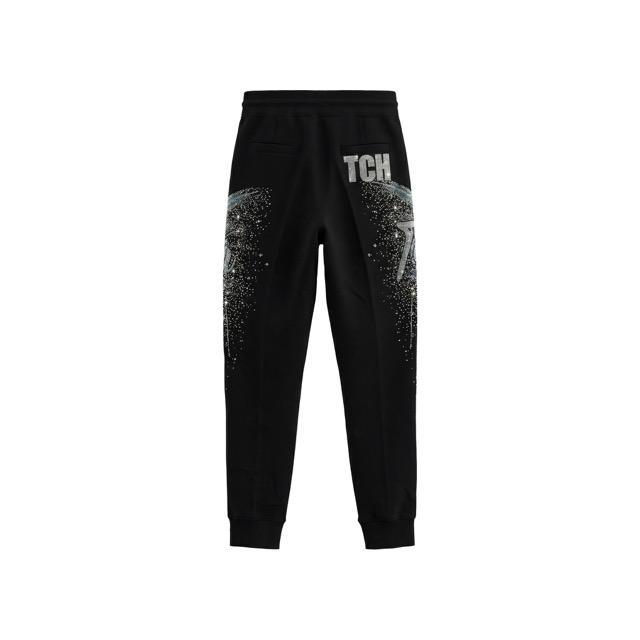 Sparkly Crystal Fringe Joggers - Cyber Y2K Streetwear - Black Moto Wings Detail Sweatpants