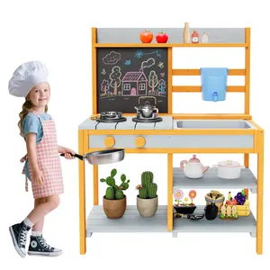 Wooden Outdoor Kids Mud Play Kitchen Playset for Backyard, Equipped with Removable Sink, Water Box, Working Faucet, Stove Top & Storage Space, Pretend Cooking Role Play Toy for Boys and Girls Ages 3+, Sturdy Weatherproof Wooden Pretend Kitchen Set