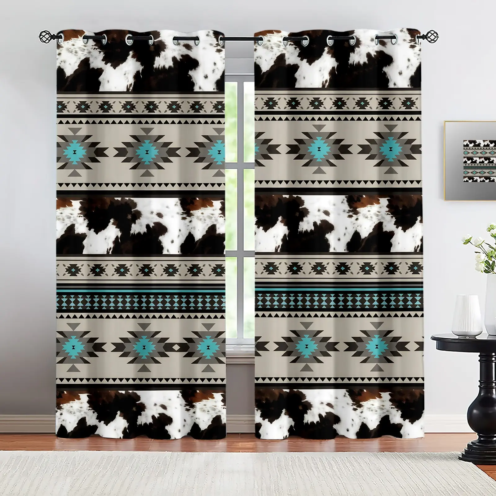 2 Panels Western Cowhide Curtains, Brown Cow Print Curtains, Exotic Aztec Design Window Curtains, Farm Animals Bull Cattle Hide Living Cowboys Gifts for Women, Home Decoration Curtain, Interior Decoration Accessories
