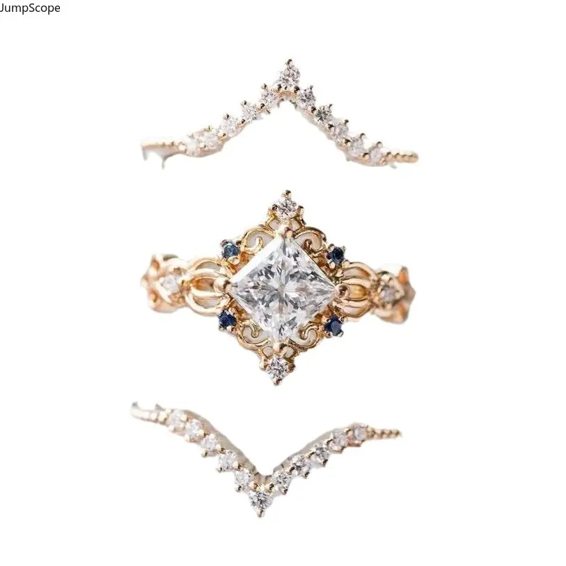 3-Piece Vintage Filigree Princess Cut Stack Ring Set, Gold Plated Square CZ With Sapphire Accent Chevron V-Shape Matching Bands for Women Index Finger Bridal Stack Wear