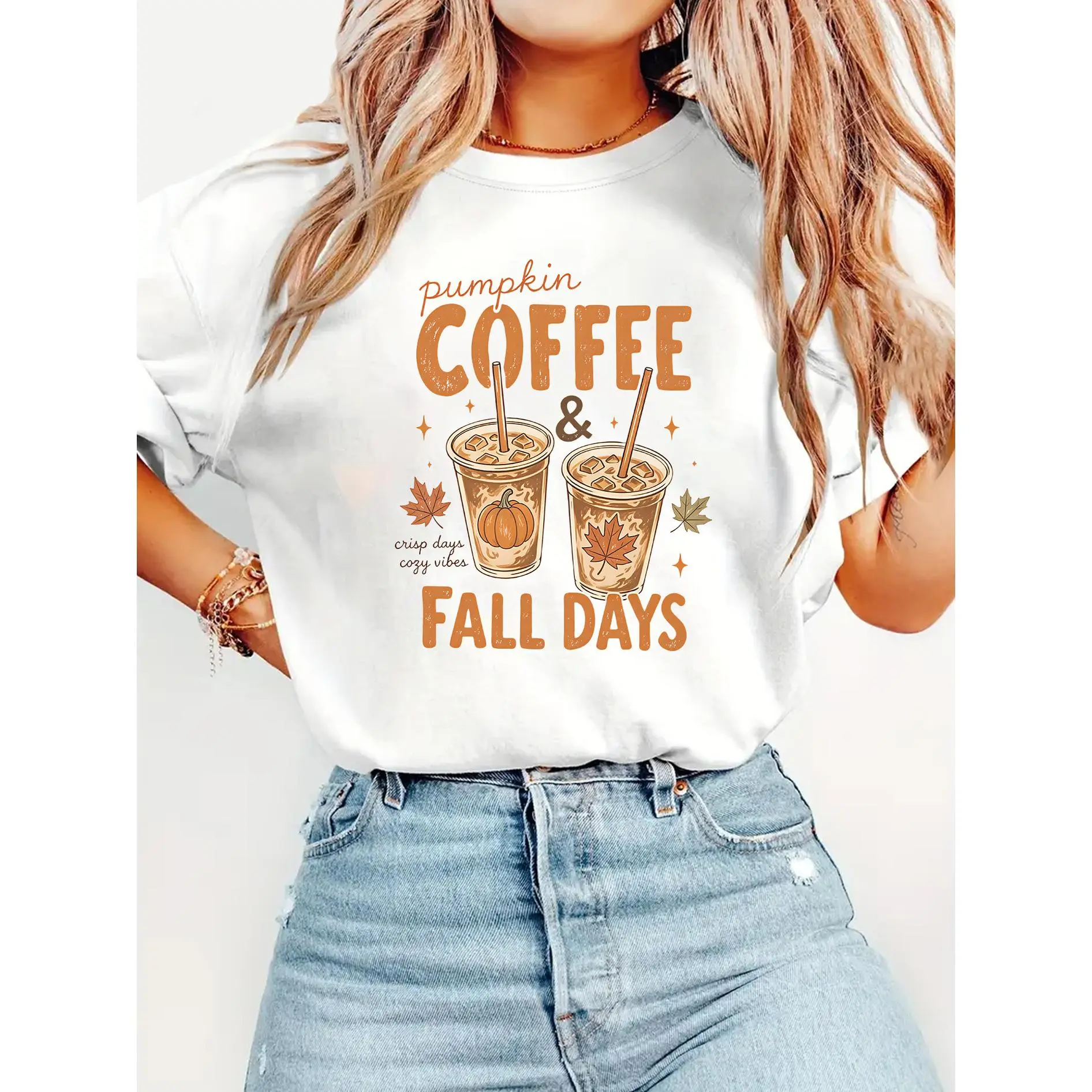 [Thanksgiving] Elegant Women'S Short-Sleeve Gift Pumpkin Ice Coffee Maple Leaf Pumpkin COFFEE & FALL DAYS Autumn Text Print Round Neck Women'S Casual Sports T-Shirt Suitable for Spring, Summer, Autumn. Fashionable, Versatile