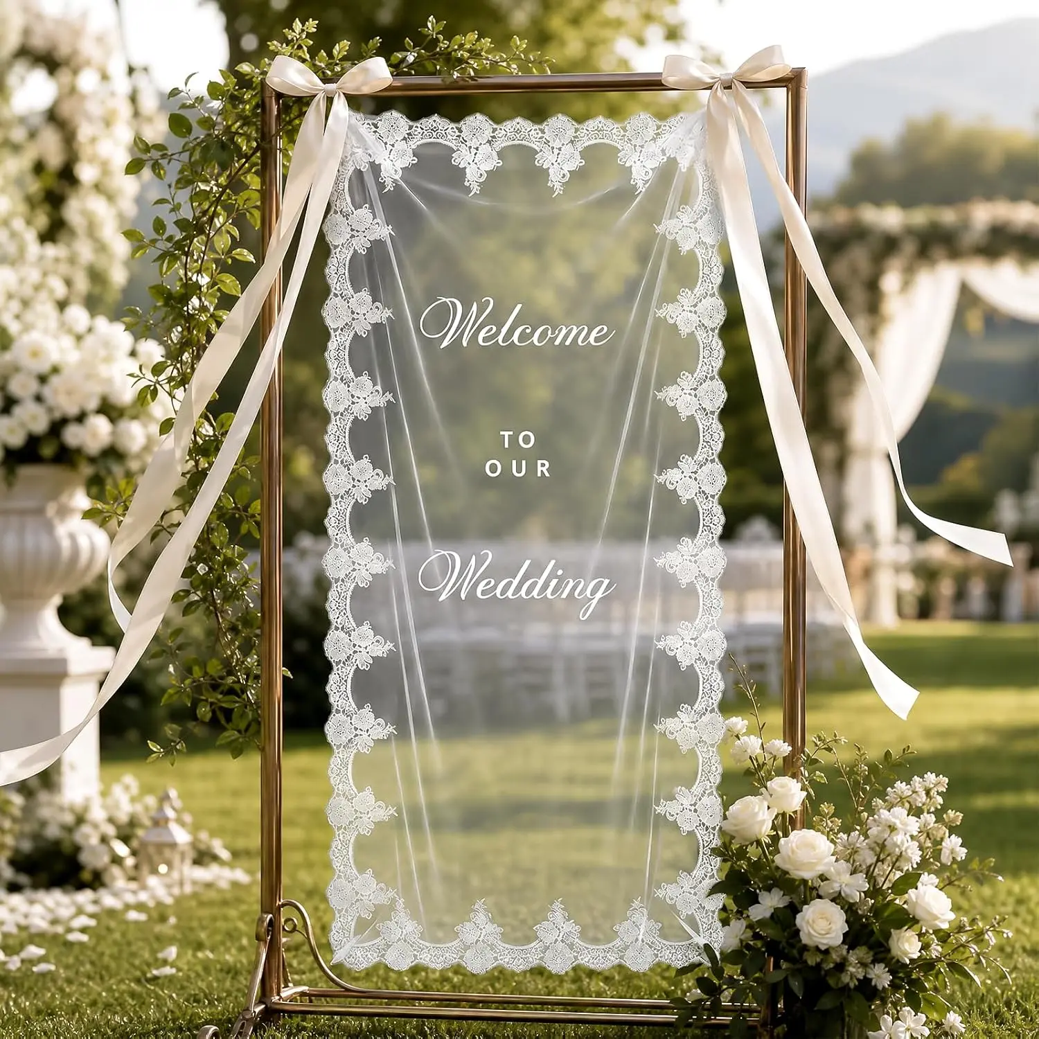 Large Sheer Lace Wedding Welcome Banner Sign with Ribbon (150x60cm/60x24inch) - Bride Groom Wedding Entrance Decor, Outdoor Ceremony & Bridal Shower Backdrop (Home & Festive Party Supplies)