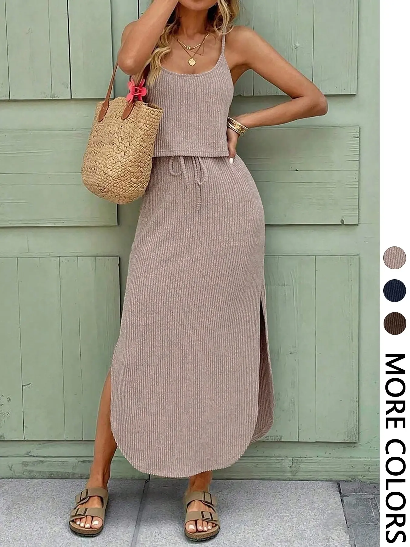 Women's Casual Chic Solid Color 2-Piece Set, Sleeveless Top and Adjustable Drawstring Long Skirt, Slim-Fitting, Versatile Everyday Wear