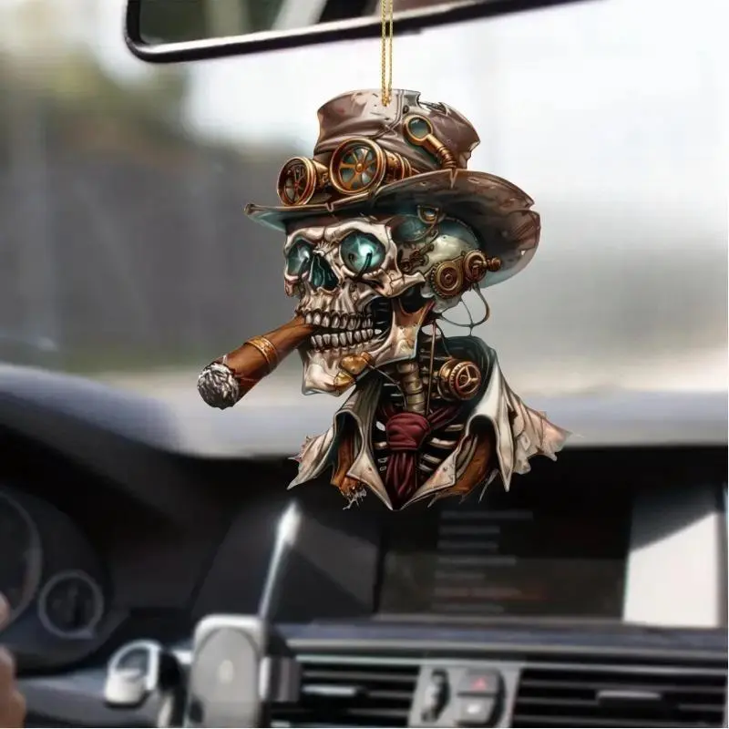 2pcs Anime-Style 2D Acrylic Smoking Skeleton Ornaments - Sports & Outdoor Funny Gifts Accessories, Cool Car Rearview Mirror Hangers, Holiday Halloween Decoration Gifts, Keychain, Cool Car Decorations, Vehicles, Hang Easily, Light Weight, Small, Cars