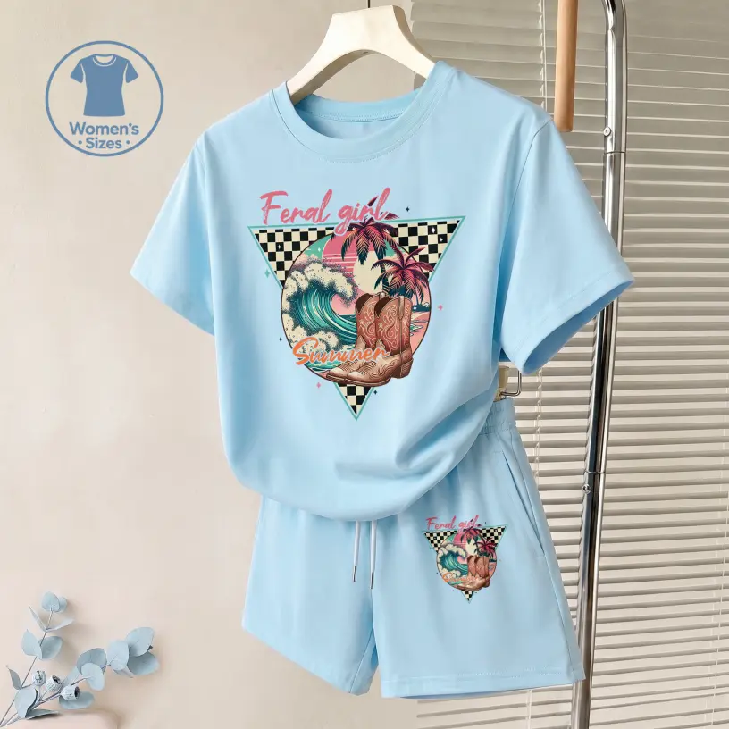 Women’s Western Cowboy Boots and Palm Tree Graphic Print Short Sleeve T-Shirt and Drawstring Shorts Set, Casual Summer 2-Piece Outfit, Comfortable Crew Neck Top and Drawstring Waist Shorts for Daily Wear, Vacation, Travel, Beach Wear