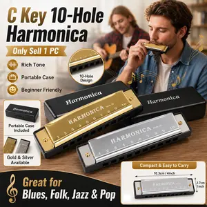 C Key 10-Hole Harmonica, Gold/ Silver Diatonic Blues Harmonica with Portable Case and Polishing Cloth, Smooth Metal Cover, Rich Tone Mouth Organ Harmonica, for Adult Beginners, Blues, Folk, Jazz, Pop, Stage Practice, Family Music, Party and Gift