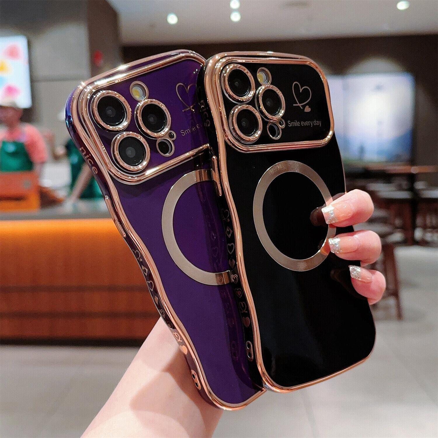 Luxury Plating Cute Heart Pattern Case for iPhone 17 Pro Max/17 Air 16/15/14/13 Cover Curly Wave Frame Fashionable for Women Girls Camera Protection Slim Shockproof Phone Case