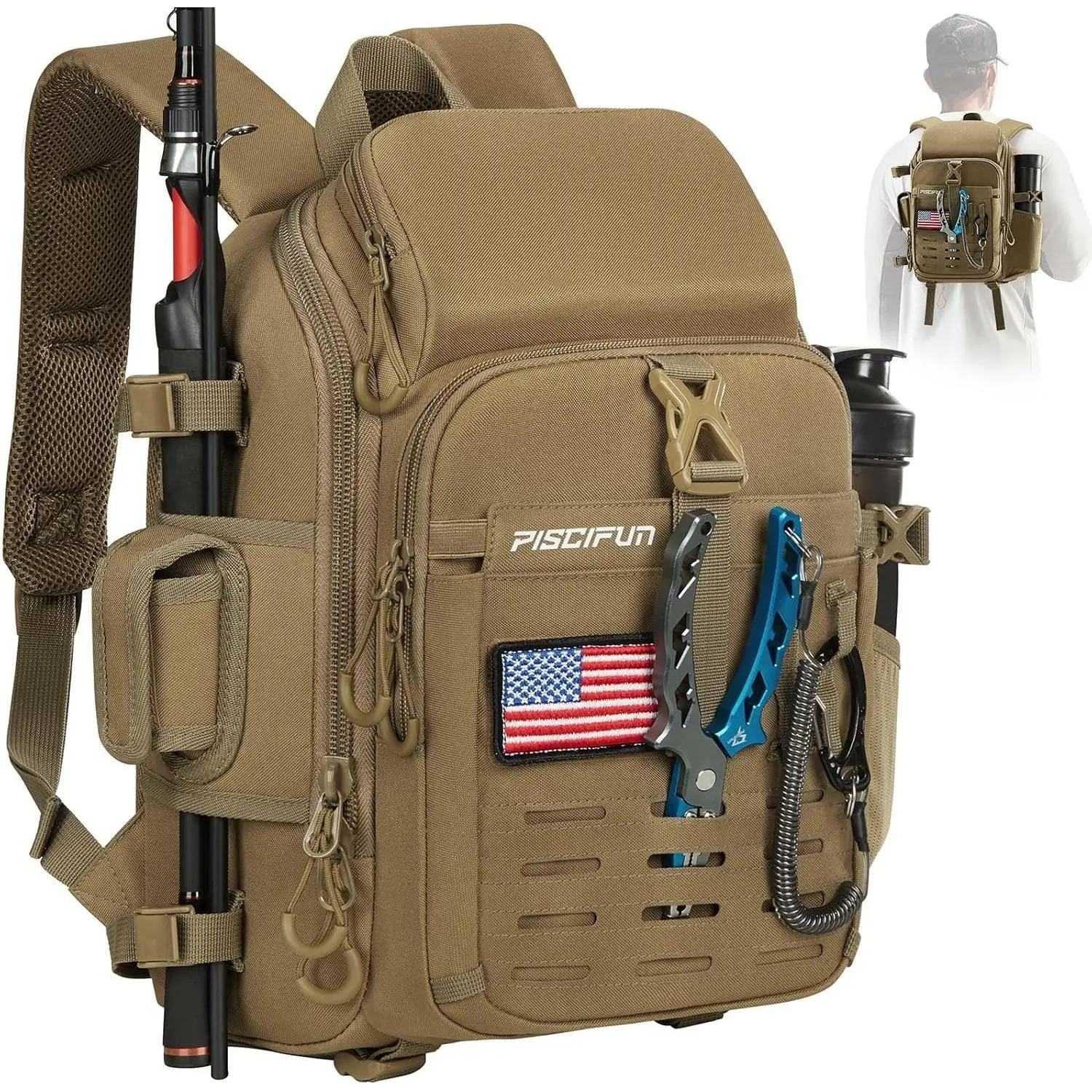 Fishing Tackle Backpack with Rod & Gear Holder, Lightweight Outdoor Water-Resistant Fishing Shoulder Storage Bag with Protective Rain Cover, KhakiGift
