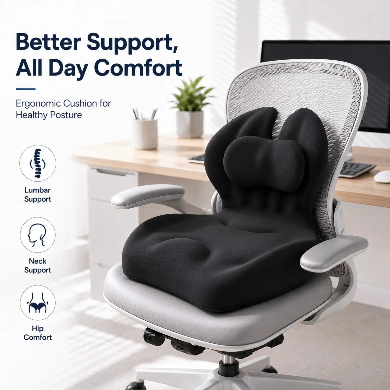 Ergonomic Memory Foam Seat Cushion, Dual Support Design, Adjustable Height Lumbar Backrest Pad, Breathable Comfort for Office Chair, Car, Truck, Home Use