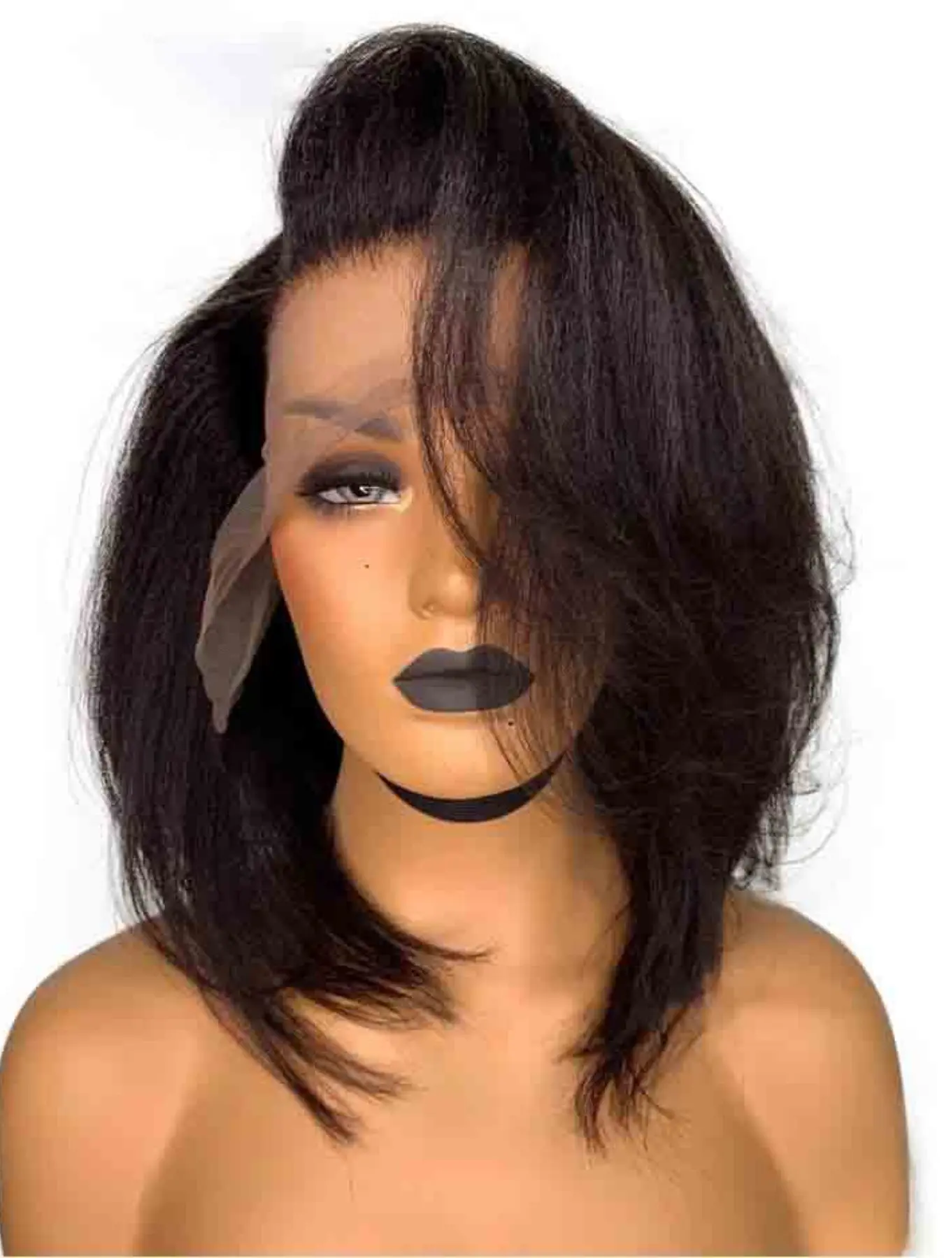 Soft Long 18 Inch Short Bob Natural Black 180 Density Yaki Kinky Straight Hair Wig, Heat Resistant, Pre-Plucked, Daily Wear, Synthetic Glueless Bob Wigs, 13x4 Front Lace Frontal Wigs