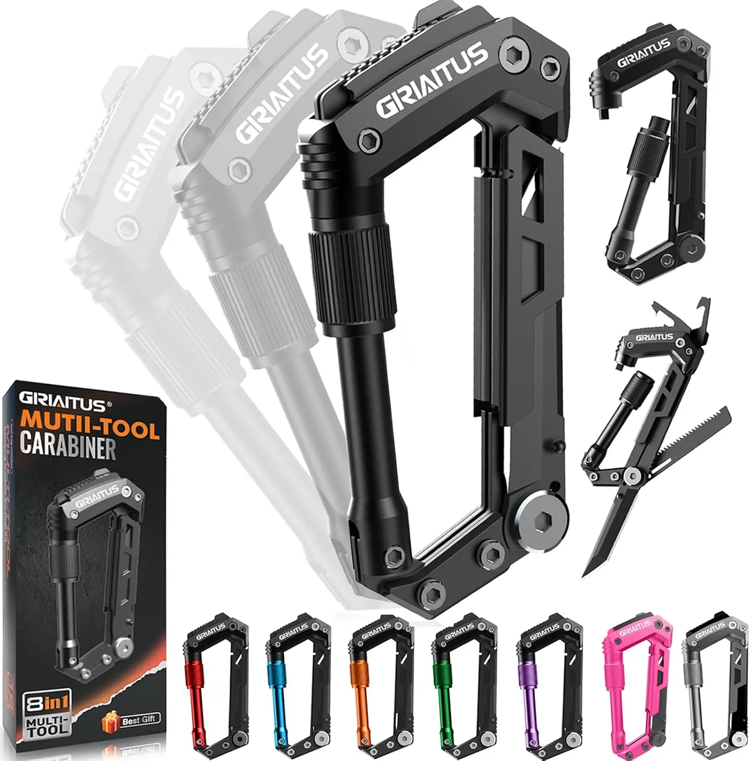 8-in-1 Compact Fold Hand Twist Lock Multi-Tools Carabiner - Black Folding Serrated Knife, Bottle Opener, Rope, Screwdriver, Ruler, Outdoor Sports Gear for Hiking Packs Carry, Male Birthday Gifts