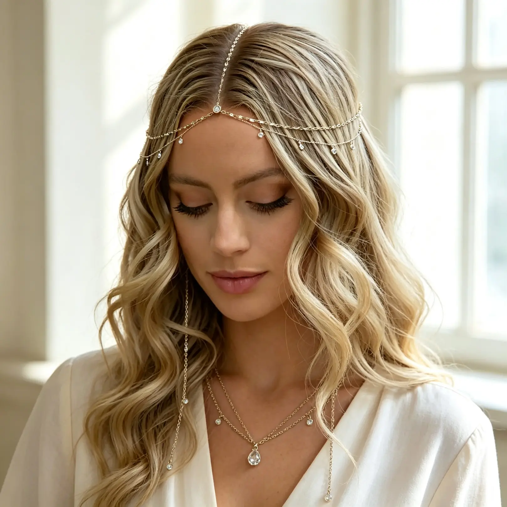 1pc Ladies Luxurious Bridal Head Chain - Romantic Boho Fashion Hair Jewelry - Bridal Jewelry, Wedding Accessory, One Size Fit Gold Head Piece