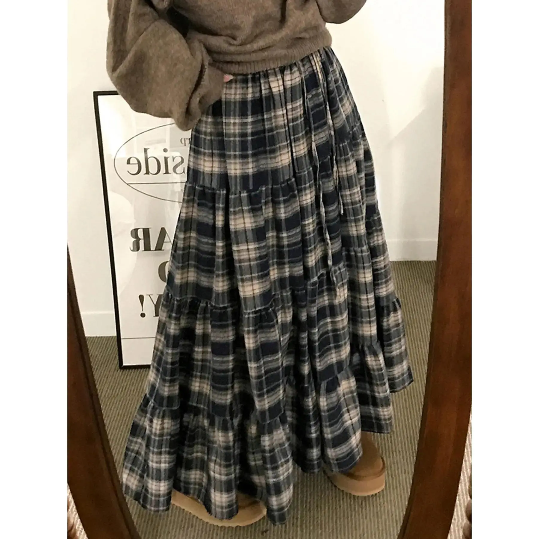 Plaid Patchwork Pleated Long Skirt, Vintage College Casual Style Korean Y2K Cute Girl Versatile Skirt, Womenswear Spring Summer Fashion, Plaid Print Skirt