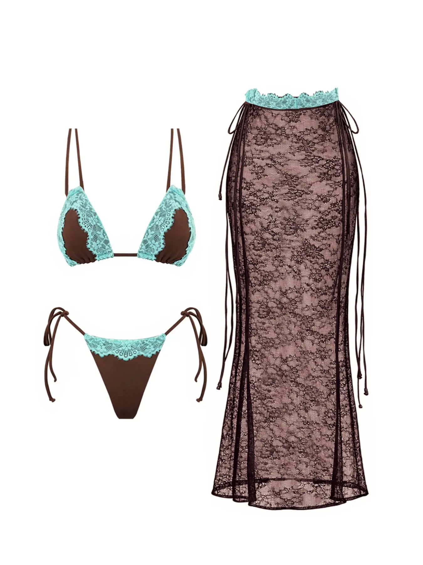 Women's Lace Patchwork Three-Piece Swimsuit, Sexy Swimwear, Triangle Swim Bra & Swim Panty & Cover-Up Skirt for Beach & Party & Holiday, Summer Bikini Set, Beachwear, Bathing Suits