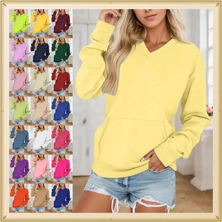 Autumn Winter Women's V-neck Solid Color Hoodless Sweatshirt with Pockets Loose Long Sleeve Pullover Casual Basic Minimalist Tops Elegance Everyday Fit Womenswear Essential Hoodie Style Piece Jeans Leggings