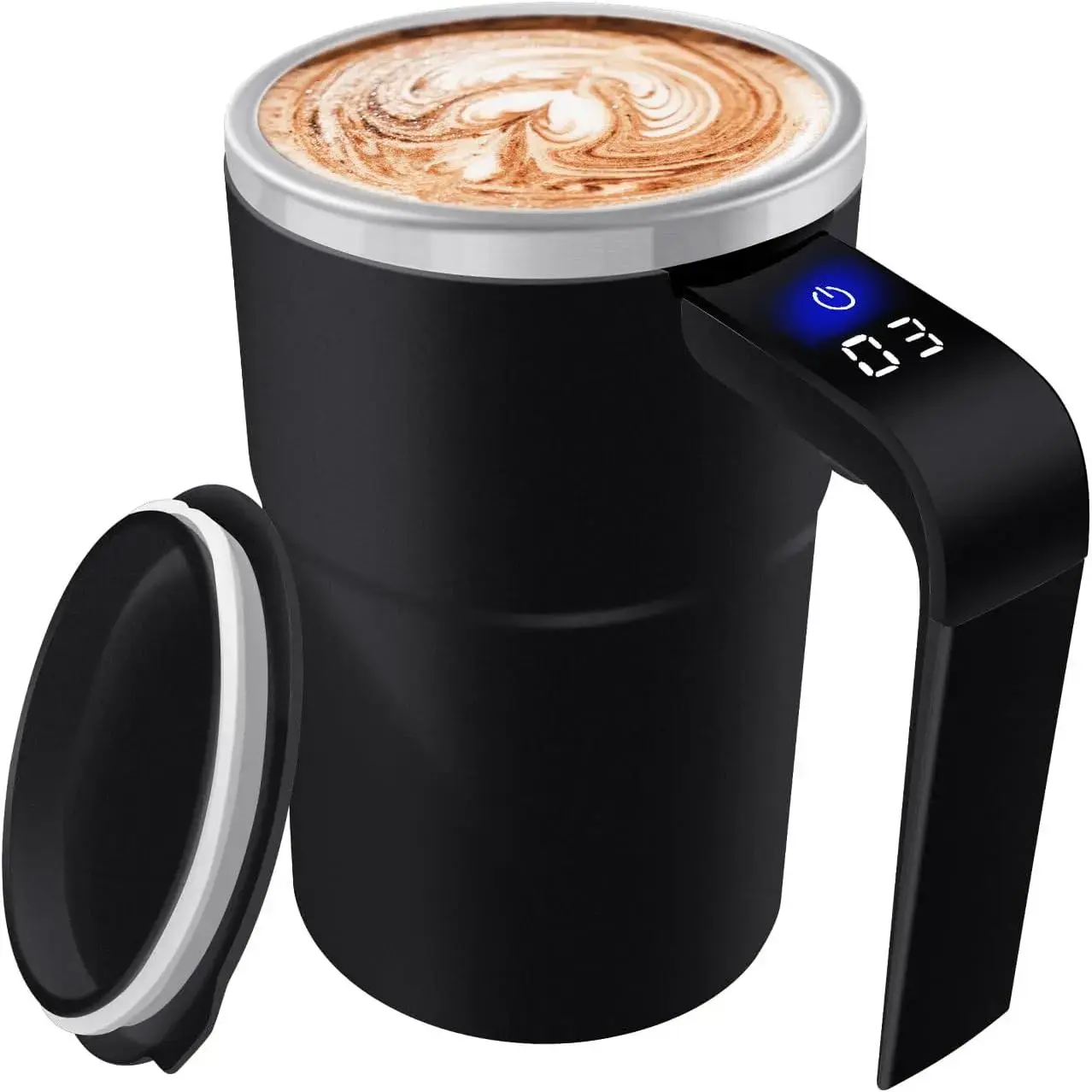 Black 13 oz USB Powered Constant Temperature Double Insulated Automatic Stirring Coffee Mug - Magnetic Self-Stirring, Temperature Display, USB Rechargeable, Ergonomic Handle Travel Mug for Coffee, Gym Use, Usb Powered Mugs