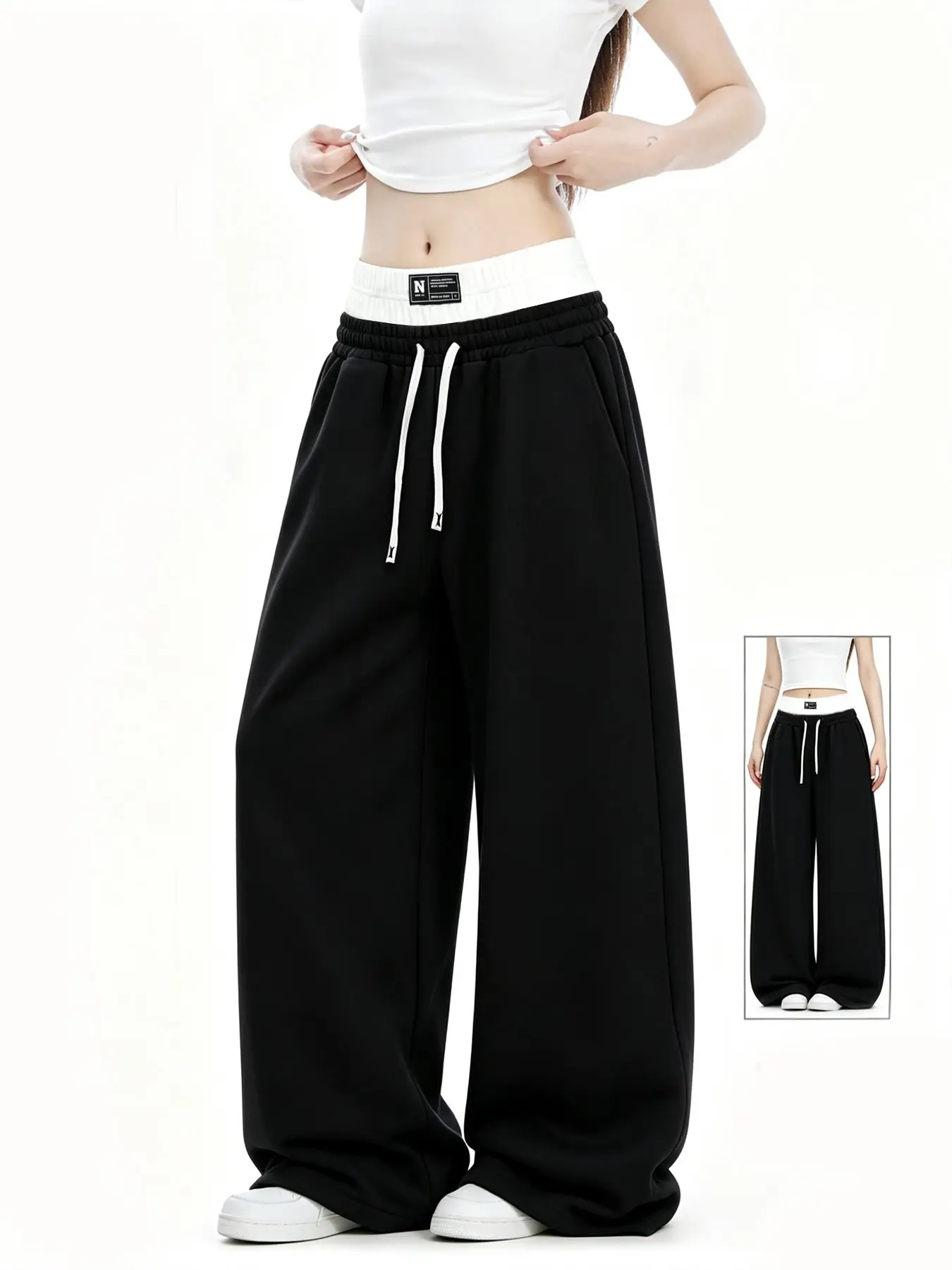 Women's High-Waisted Casual Jogger Pants, Dual-Layer Waistband Design, Trendy Back-To-School, Comfortable All-Season Long Pants