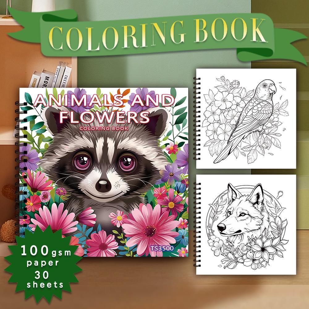 Animal & Flower Pattern Drawing Book, 30 Sheets 100gsm Thick Paper Spiral Coloring Book, DIY Painting Supplies for Stress Relief