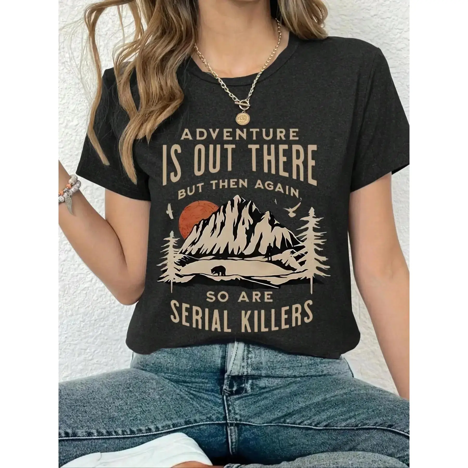 "Adventure Is Out There" Unisex Oversize Fit Hiking Graphic Tee, Retro Mountain Print Outdoor Hiking Cotton Top, Short Sleeve Crew Neck Light Outdoor Shirt for Hikers, Hiking / Light Outdoor, Unisex Wear