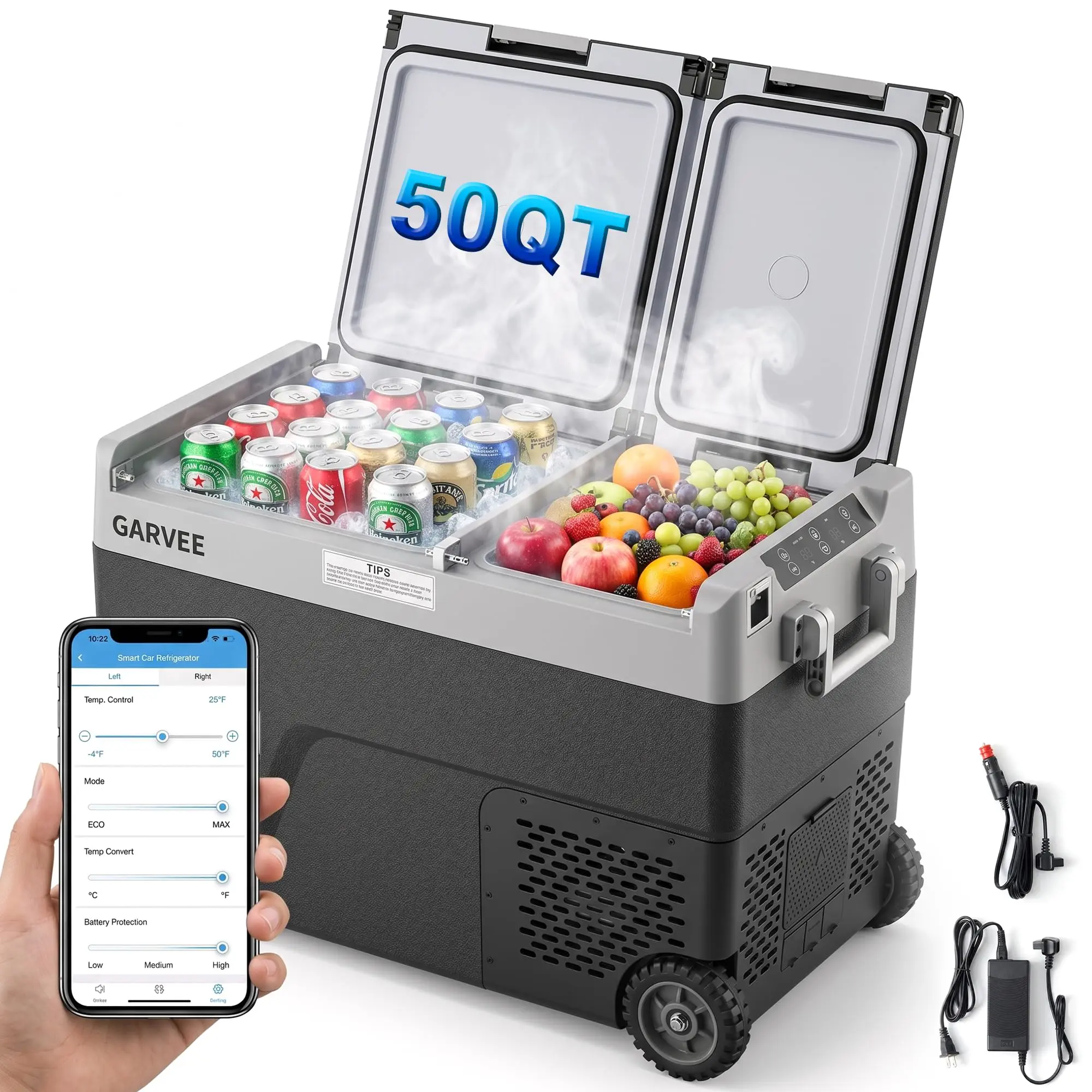 Garvee 48L/51QT Portable Car Fridge Freezer, Dual Zone Compressor Cooler, Adjustable Temp -4°F to 68°F, 12/24V DC & 100-240V AC Dual Power, App Wireless Control, Rolling Wheel Design, Ideal for Truck, RV & Camping, Color: Black
