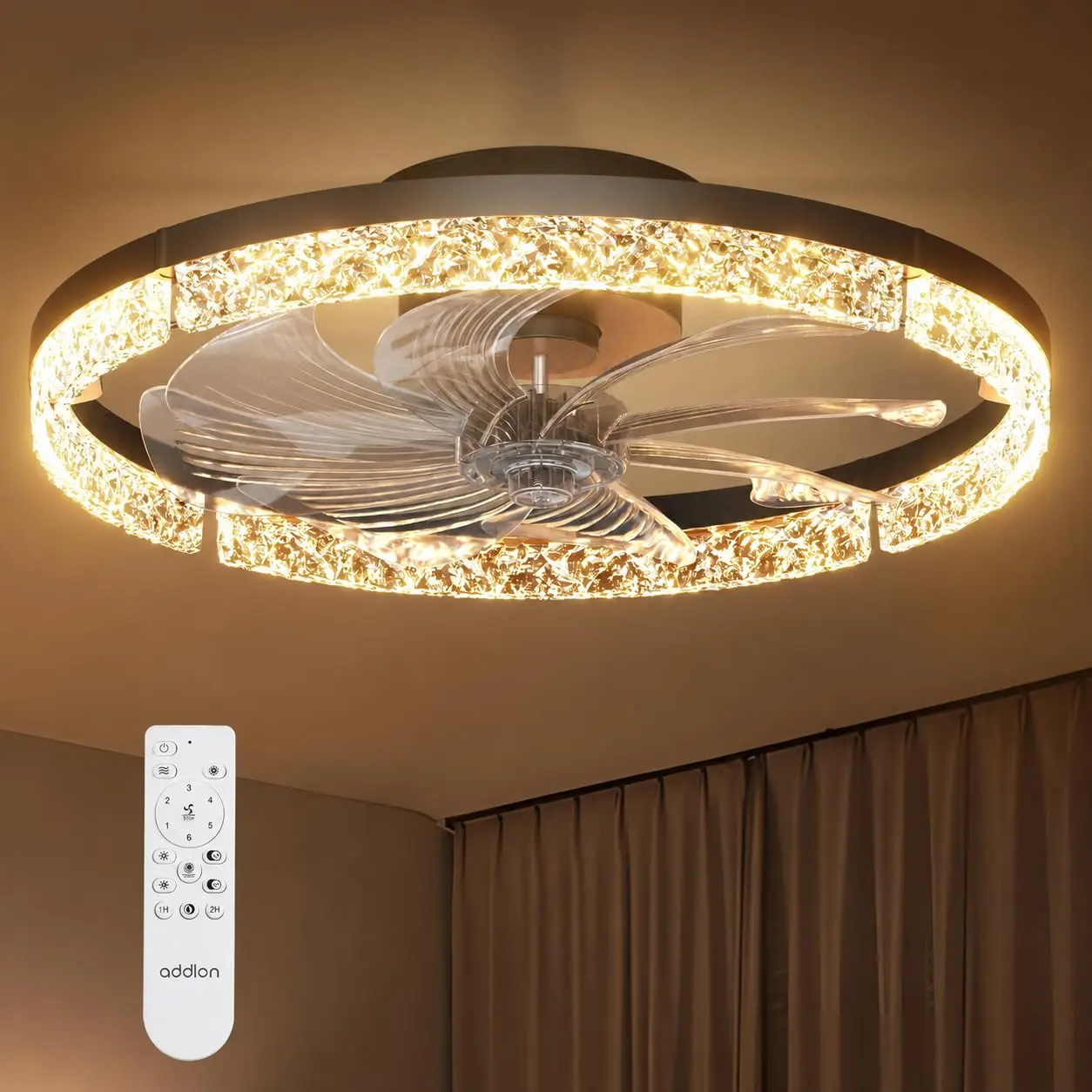 20" Low Profile Ceiling Fan with Lights and Remote – Crystal Fandelier, Dimmable 3000-6000K LED, 6-Speed Quiet DC Motor, Flush Mount