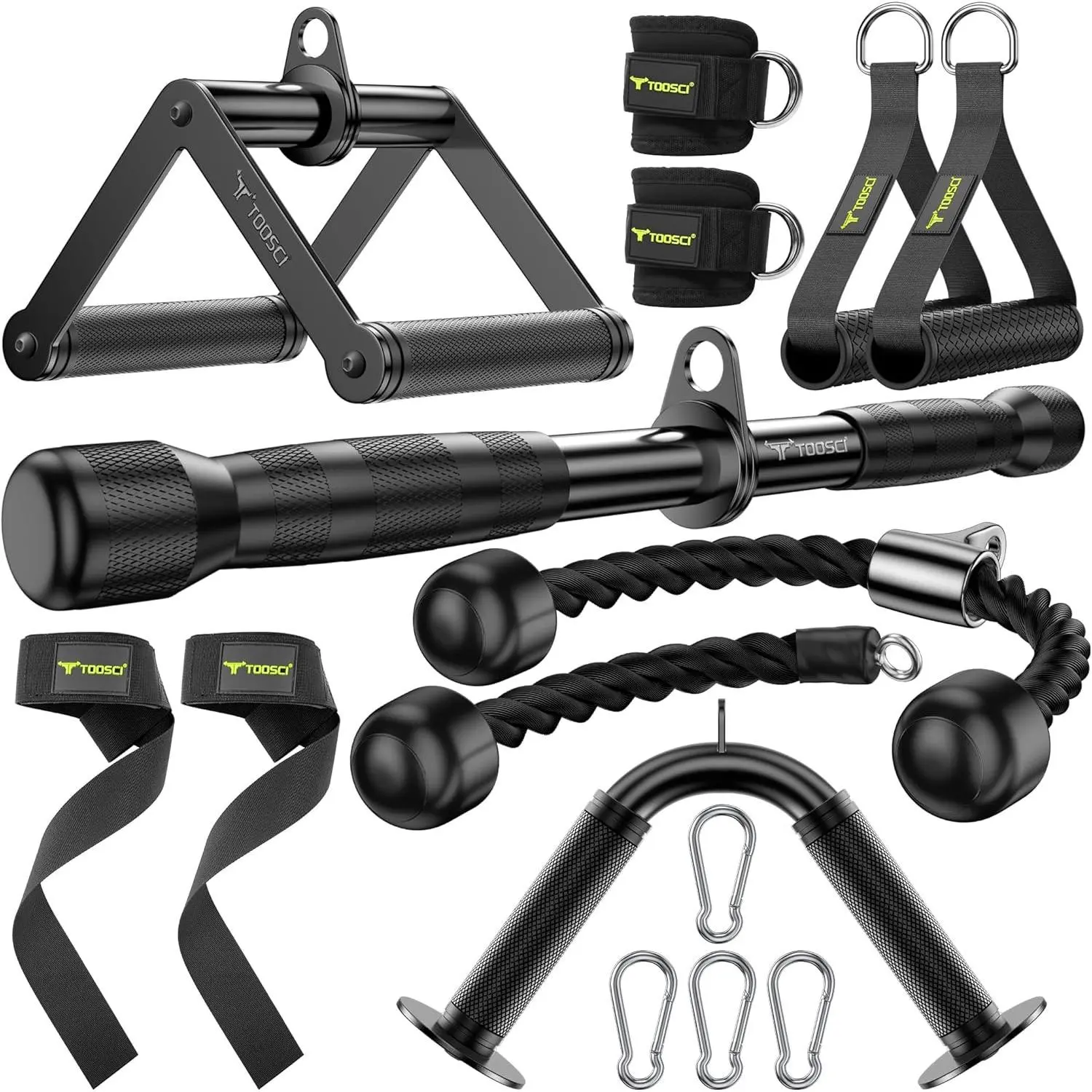 Gym Cable Attachments Set for LAT Pulldown Cable Machine - V-Shaped Bar, Rotating Straight Bar, V-Rotation Handle, Nylon Rope, Ankle Straps, Handles for Home Gym