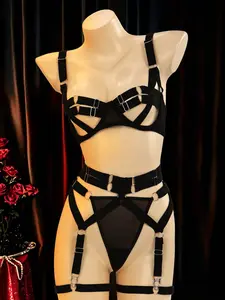 Black Strappy Harness Lingerie Set | O-Ring Garter & Mesh Thong