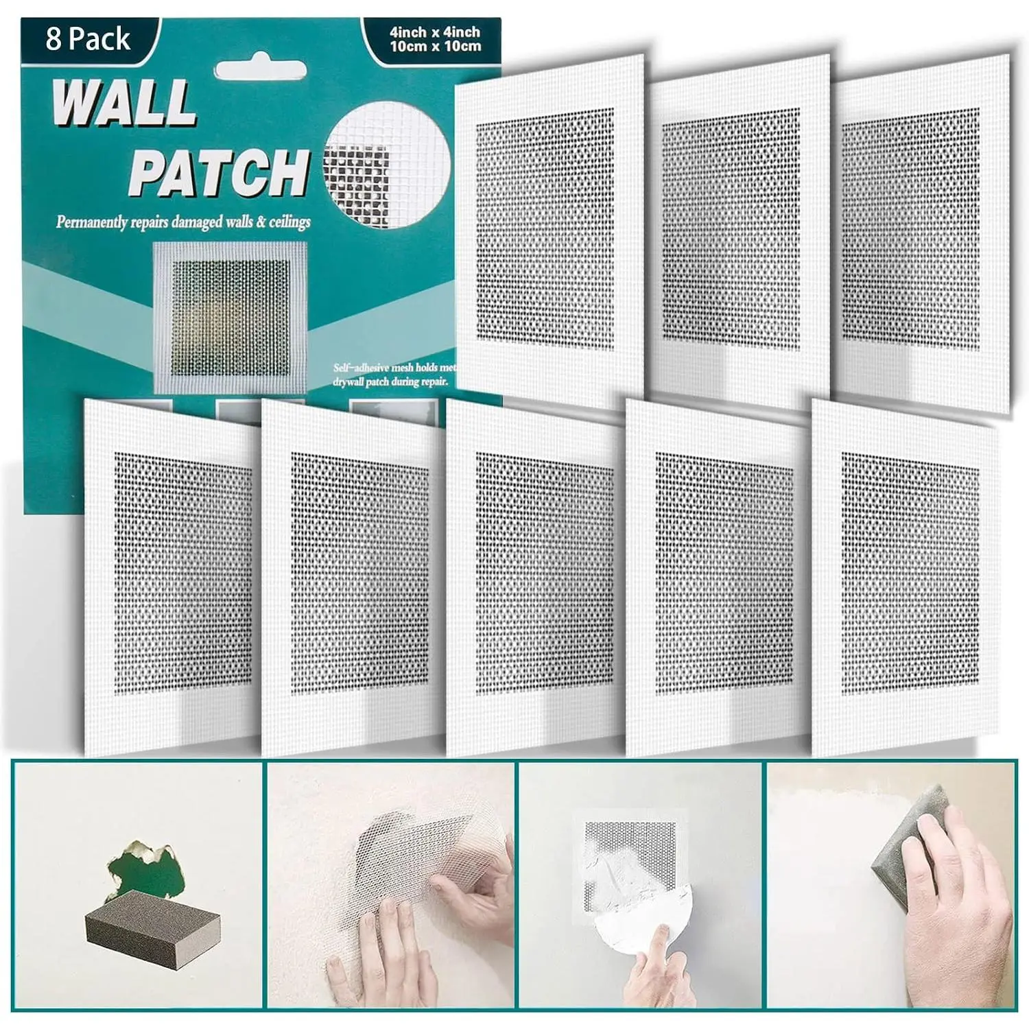 8 count 4 Inch Drywall Patch, Wall Repair Patches, Self-Adhesive Fiberglass Repair Kit Dry Wall Hole Repair Patch for  Metal Sheetrock Ceiling (4"x 4")