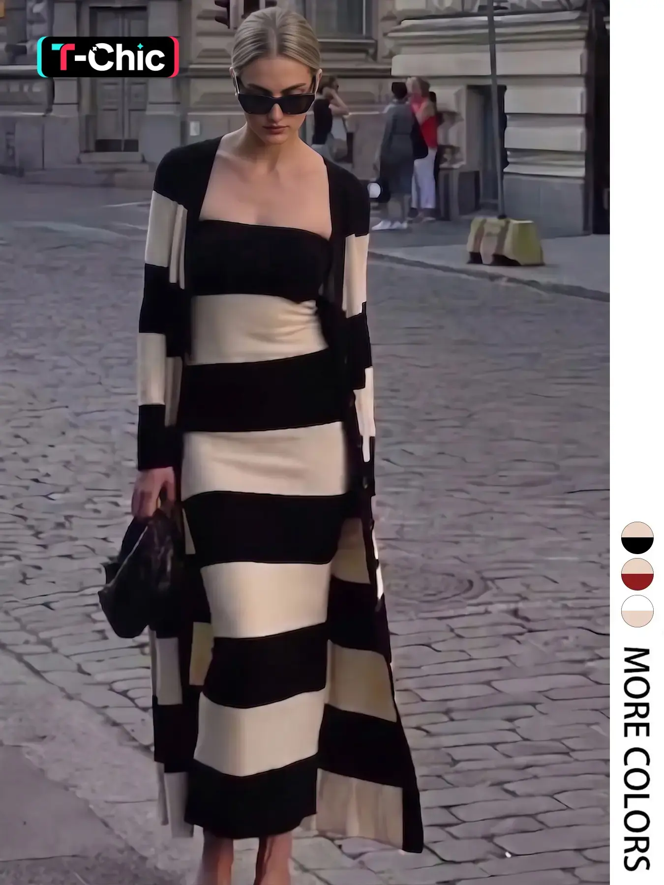 Elegant Women's Fall Winter Fashion Casual Home Office Commute Basic Simple Slim Fit Knit Striped Long Open Front Jacket Set