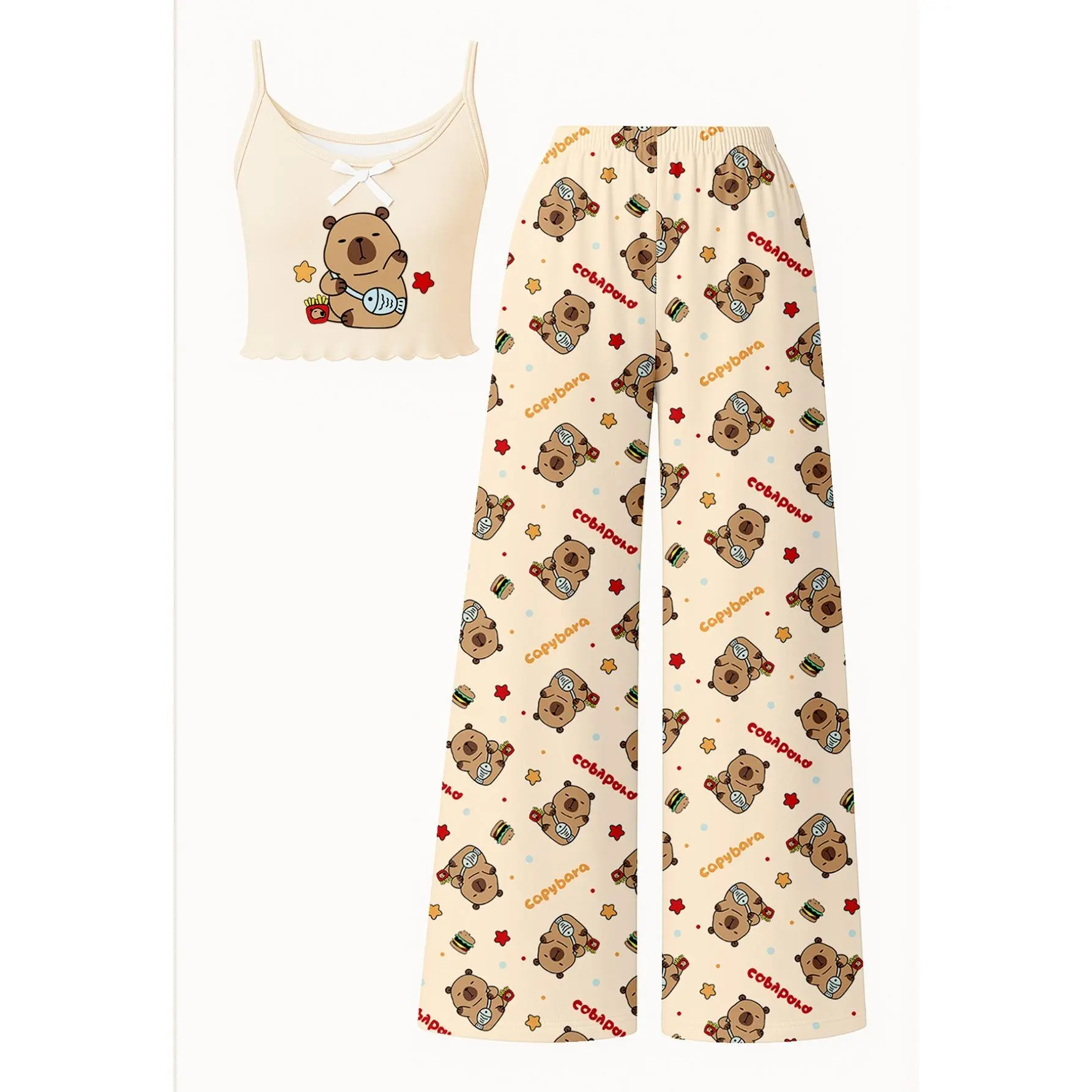 Girls' Capybara Animal Print 2-Piece Pajama Set - Spaghetti Strap Top, Regular Cut Pants, Princess Style, Flame Retardant Polyester Knit, Medium Stretch, Casual Loungewear Sleepwear (Dry Clean Only)