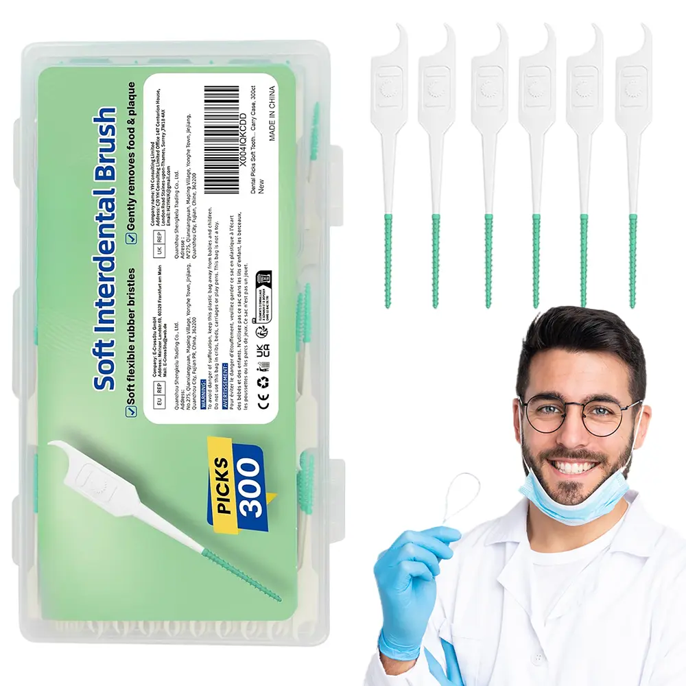 300 Count Green BPA-Free Soft Silicone Interdental Brushes, Flexible Disposable Dental Picks with Portable Travel Storage Case, Gentle Teeth & Gum Cleaners for Braces, Implants and Daily Oral Care