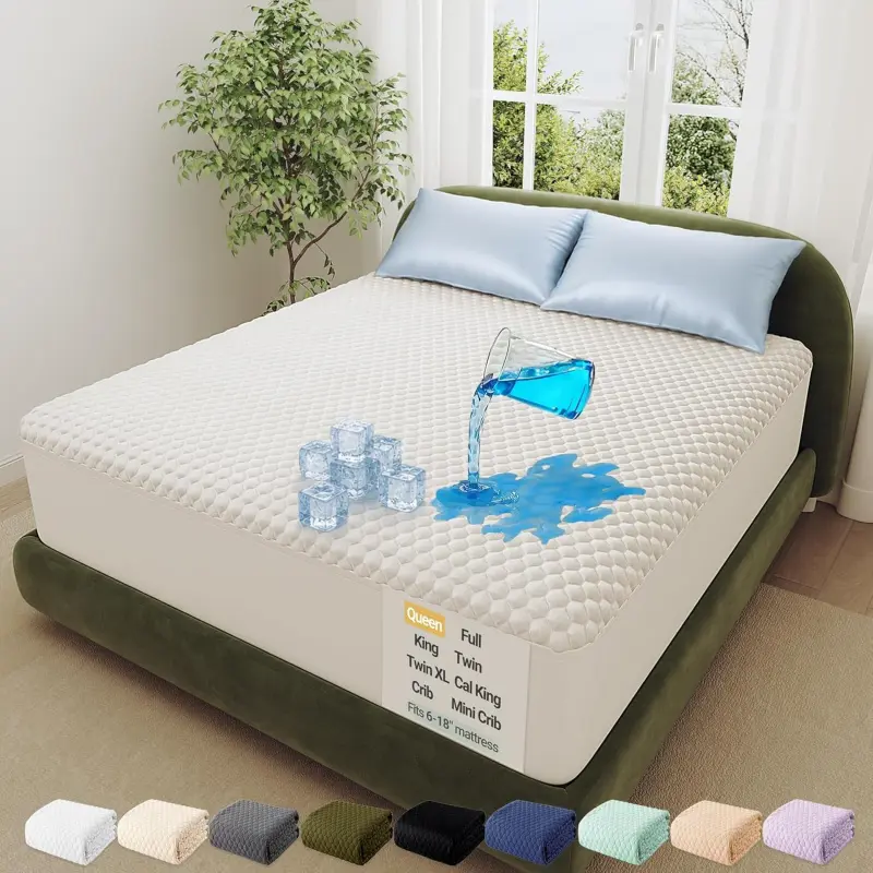 Queen Size 100% Waterproof Bamboo Fiber Mattress Protector - Deep Pockets Fitted Sheet, Pet Hair Resistant, Bedwetting Proof, Cooling Breathable, Washable Non-Slip Home Supplies Bed Cover