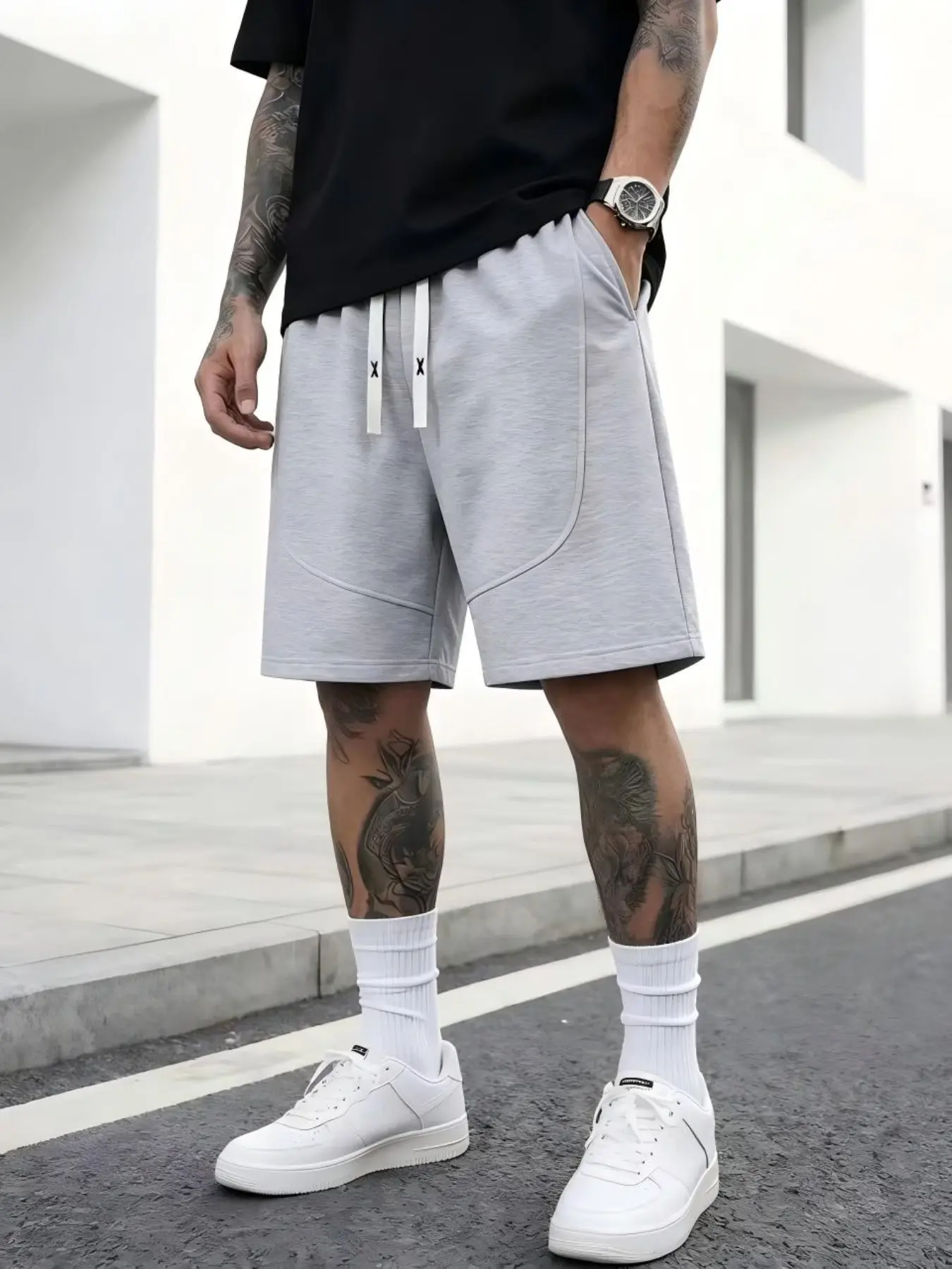 American Street Style Solid Color Gym Shorts for Men, Elastic Waist Drawstring Pockets, Casual Five-Quarter Pants for Daily Fitness