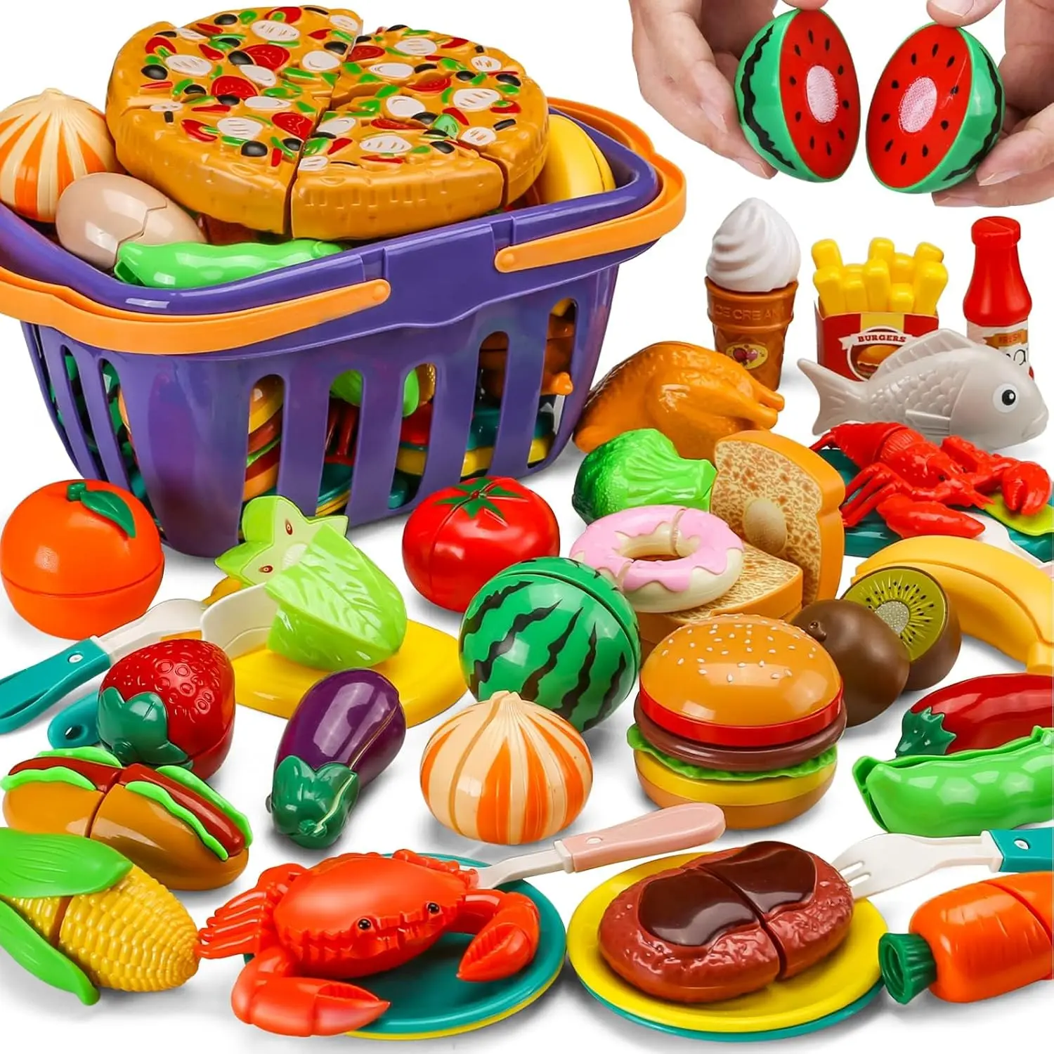 42 Items 87 Pcs Cutting Play Kitchen Set for Kids, Pretend Cooking Fruit &Vegetables&Fast Food with Storage Basket, Fake Food Toys for Toddler&Baby, Educational Gift for Girls Boys Children Birthdayfidget toys