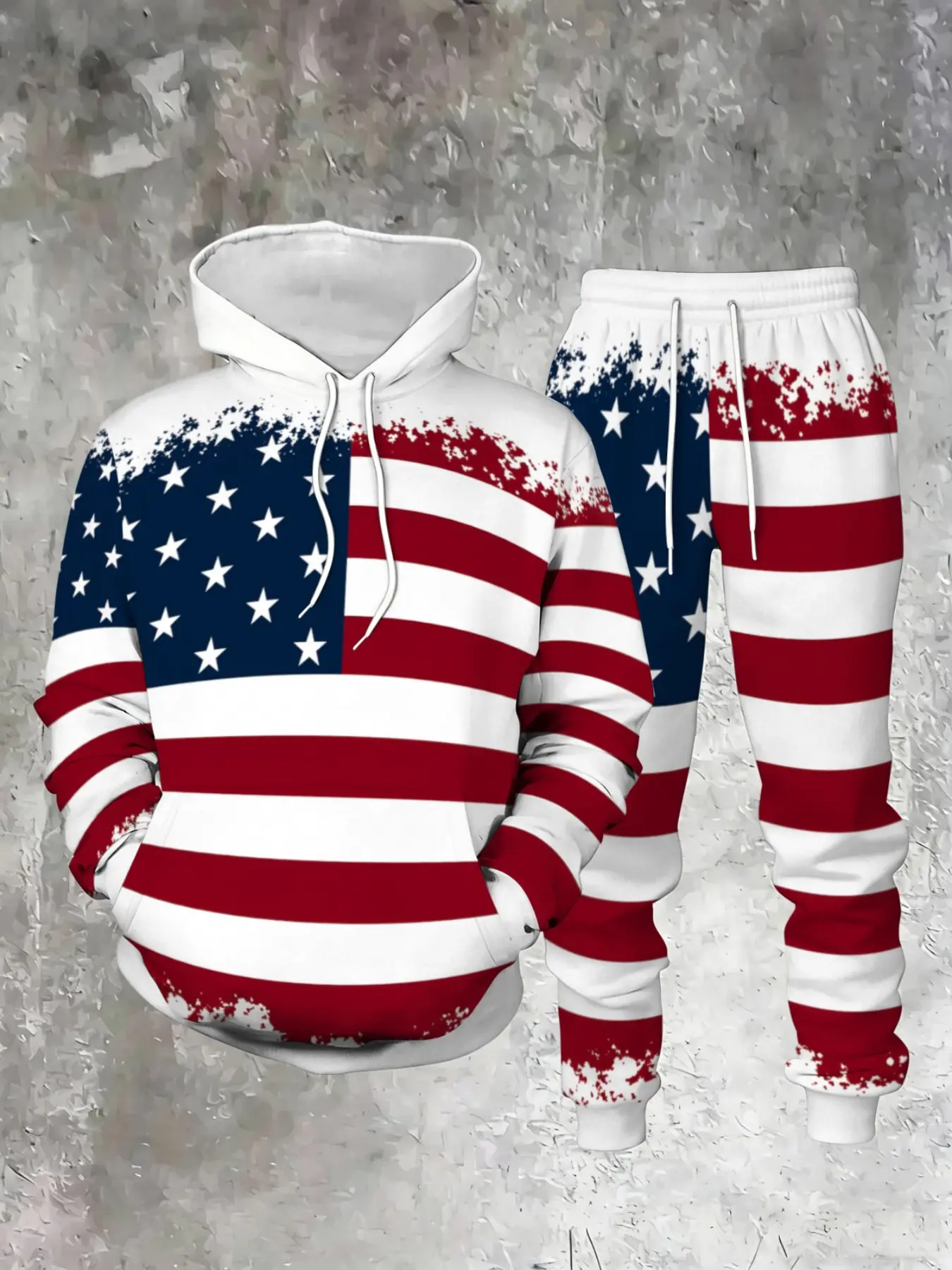 Men's Patriotic 3D Usa Flag Print Hoodie Two Piece Set, Comfortable Fall Winter Sporty Fitted Long Sleeve Ankle Length Pants