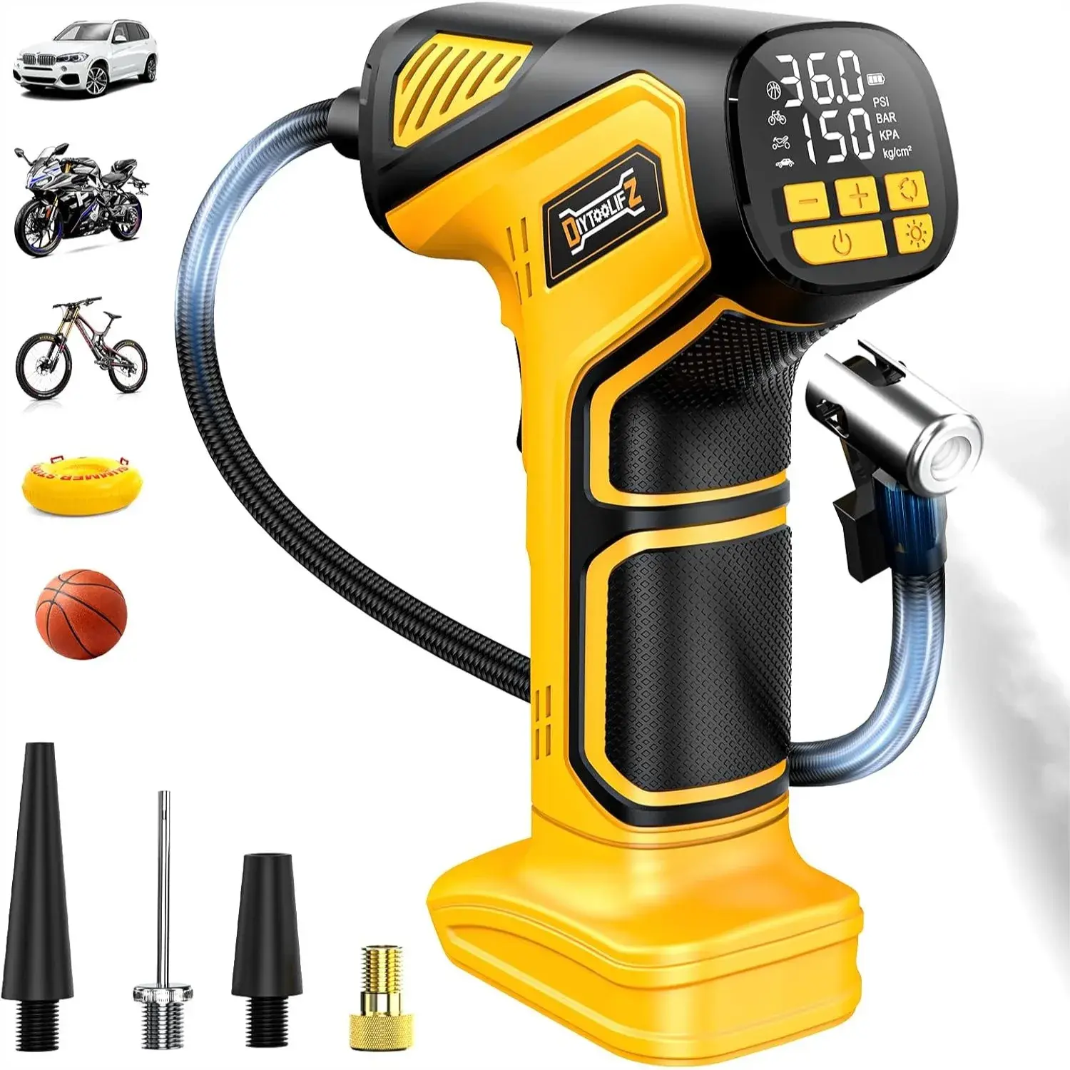 Cordless Tire Inflator with Digital Gauge - Dewalt 20V Battery-Powered Portable Pump, 150PSI Capacity, Built-in LED Light, Plug-and-Play, Inflates Tires for Cars/Bikes Emergency Fix, Compact & Portable