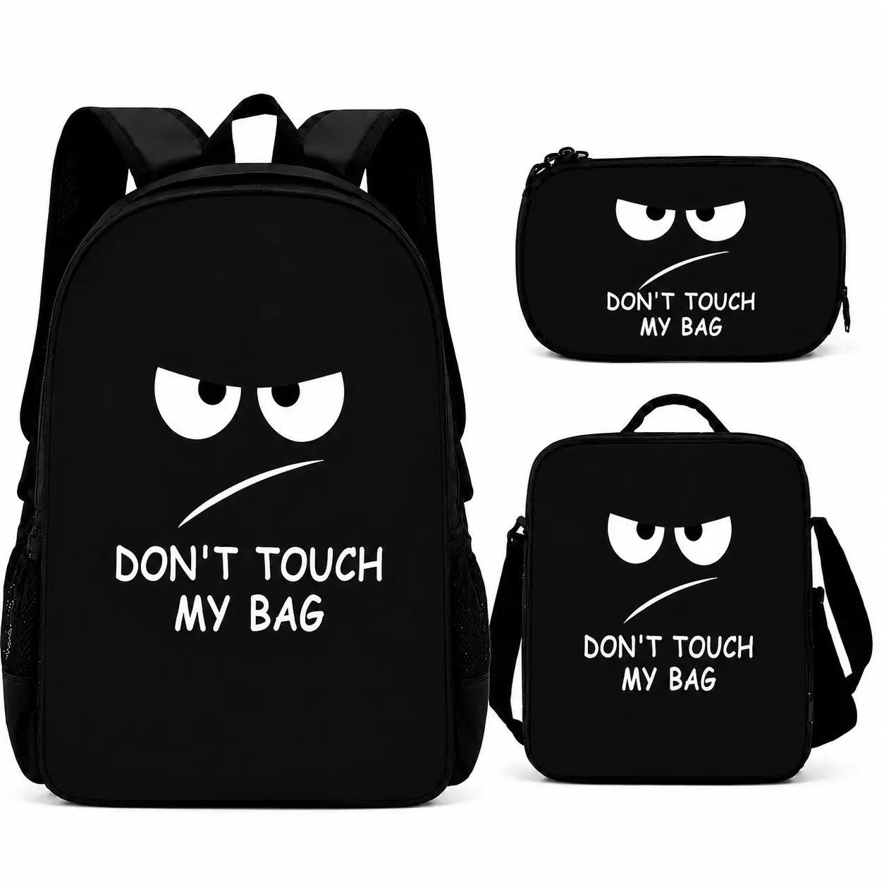 3PCS Kids Black Backpack Set, Funny Cartoon School Bag Set with Backpack, Lunch Bag and Pencil Case, Cute "Don’t Touch My Bag" Print Student Backpack for Boys Girls, Matching Back to School Set,reinforce,strap,,adjustable,breathable,Clear,Stadium,college