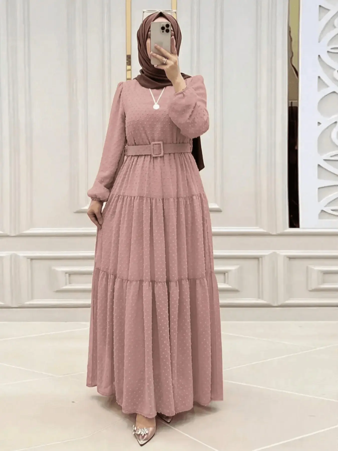 Women's Elegant Long-Sleeve Maxi Dress with Belt, Classy Modest Dresses, Loose-Fit Slimming Long Dress, Chic French Style
