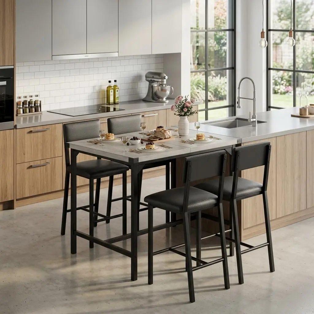 5-Piece Counter Height Dining Table Set Seats 4, Space Saving Modern Kitchen Furniture with Footrest & Corner Protectors Table, 4 Upholstered Backrest Bar Stools, Rustic Available