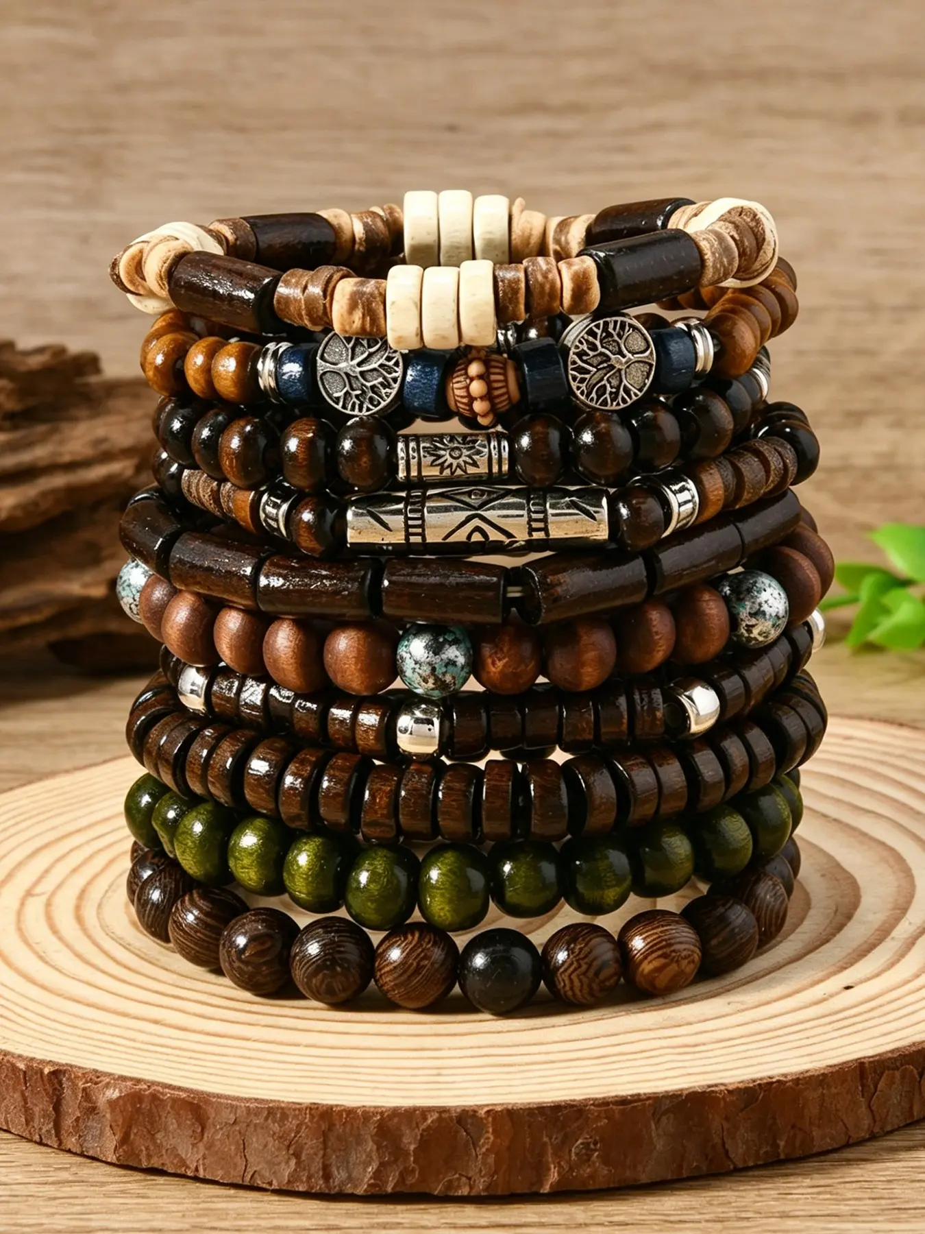 10-Piece Retro-Style Tree of Life Coconut Shell Multi-Layer Elastic Cord Wooden Bead Hand-Woven Stackable Layered Bracelet Set for Men and Women—Casual, Versatile, Everyday, Party, and Unique Bracelet Set Beaded Bracelet Sets