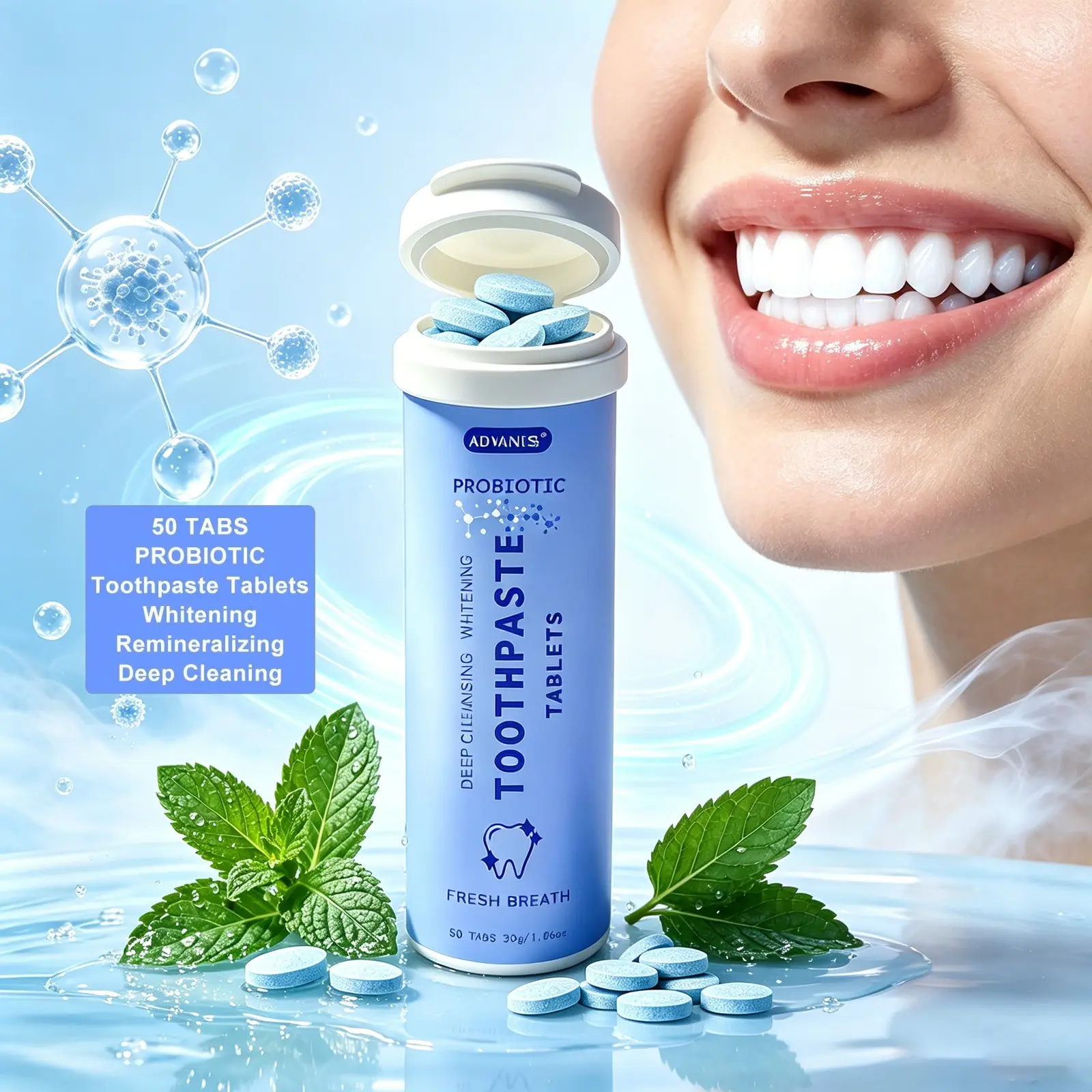 Adjaniss Probiotic Toothpaste Tablets, Travel Size, Easy to Carry, 50 Pieces/30g, Solid Form, Anti-Cavity Oral Care Benefits, Mouth Care, Teeth Cleaner
