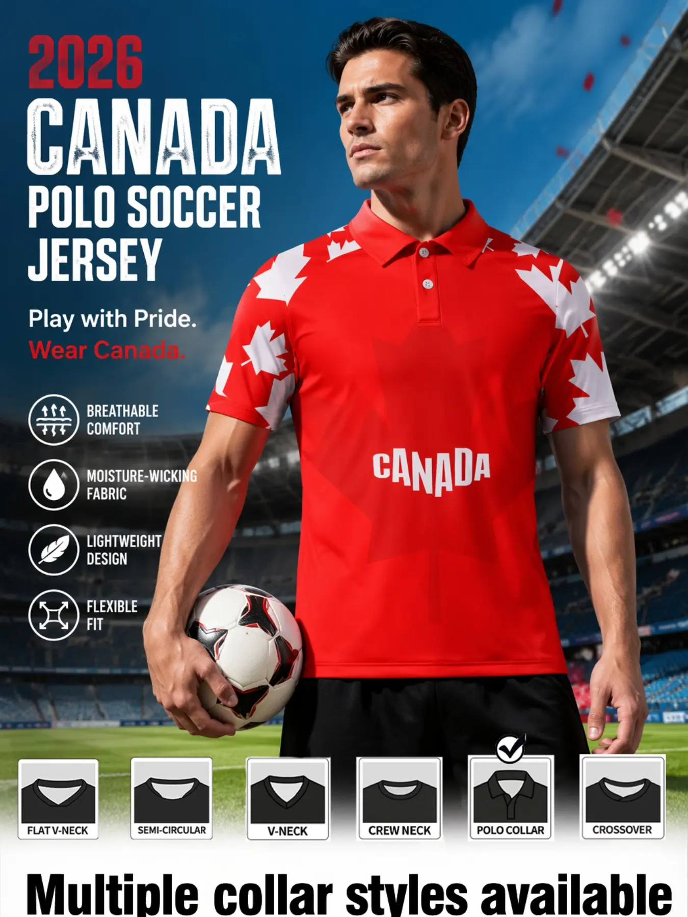 2026 Canadian Sport Short Sleeve Jersey, Maple Leaf Print, Fitted, All Seasons, Ideal for Training, Outdoor Activities, Streetwear
