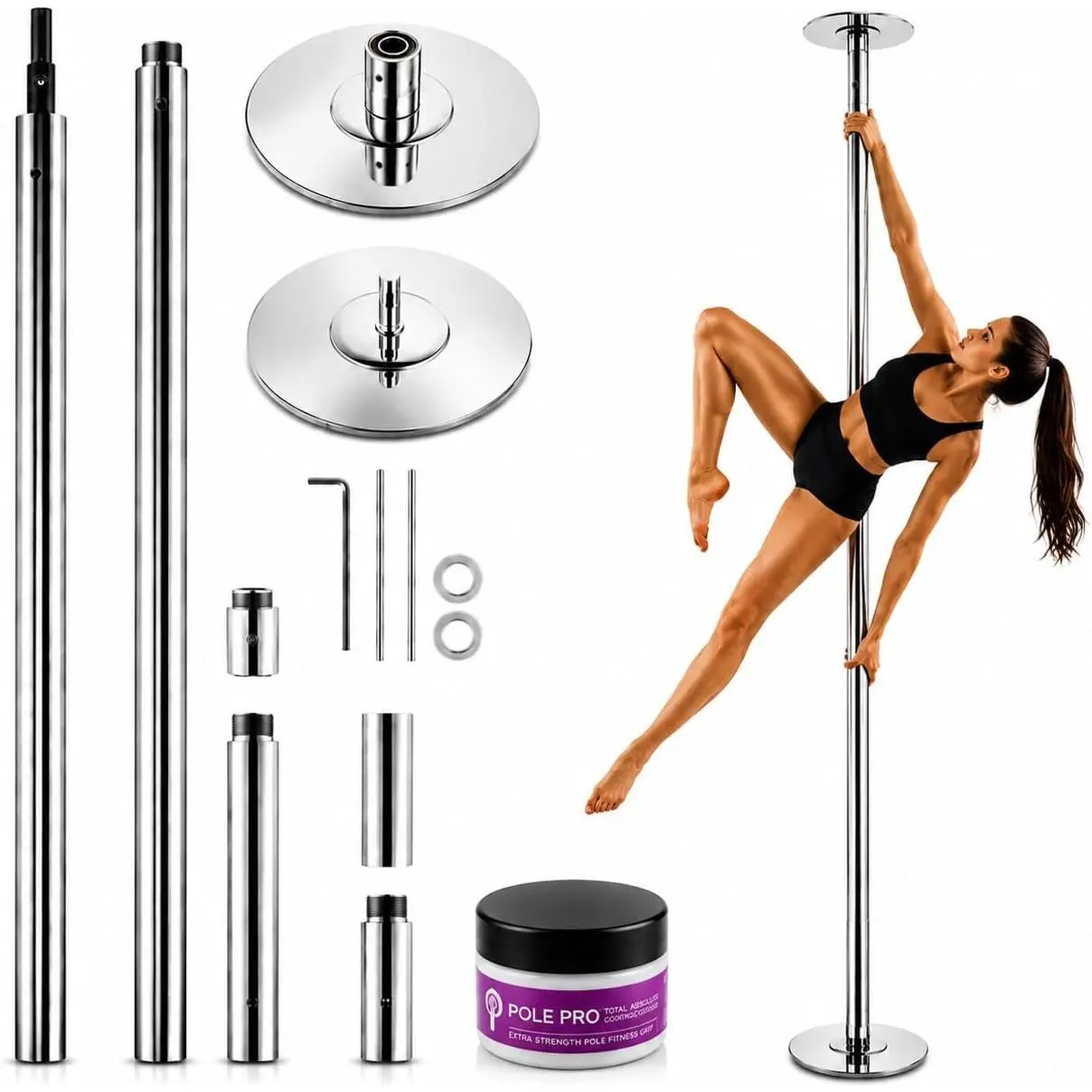 45mm Professional Spinning & Static Dancing Pole – Portable, Removable, Height Adjustable, Heavy Duty Stainless Steel with Anti-Slip Wax for Home/Club/Gym,Gold/Silver